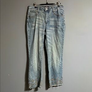 L.A. Blues Blue Ankle Cropped Jeans with Embellished Hem size 12